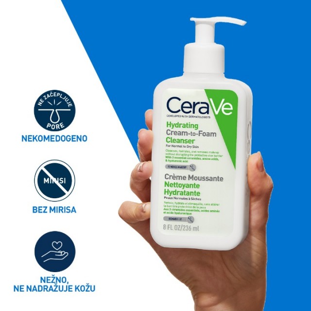 CERAVE HIDRATANTNA KREMASTO PENUŠAVA EMULZIJA ZA ČIŠĆENJE ZA NORMALNU DO SUVU KOŽU 236ML