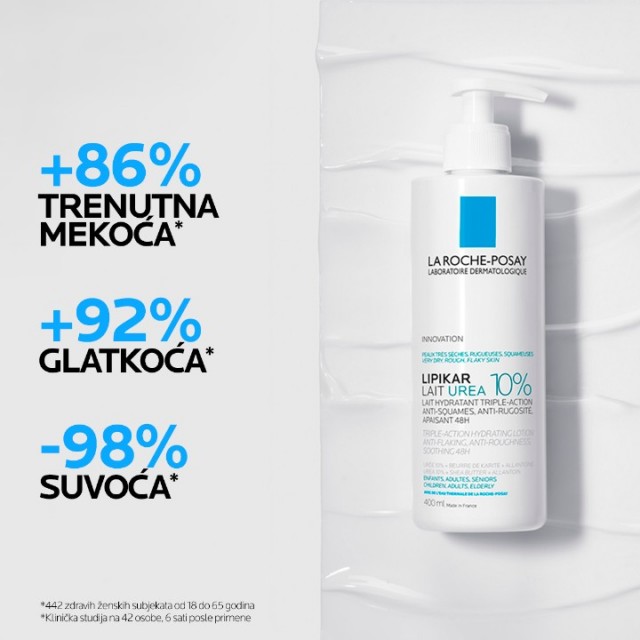 LA ROCHE-POSAY LIPIKAR LAIT 10% UREA UMIRUJUĆE HIDRATANTNO MLEKO ZA TELO OBOGAĆENO LIPIDIMA PROTIV PERUTANJA 400 ML