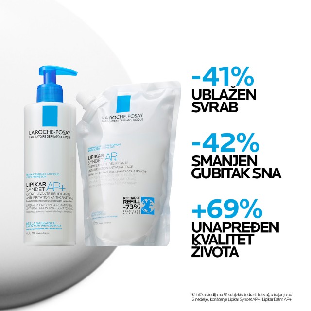 LA ROCHE-POSAY LIPIKAR SYNDET AP+ KREMASTI GEL ZA TUŠIRANJE OBOGAĆEN LIPIDIMA ZA SVAKODNEVNO PRANJE OSETLJIVE SUVE KOŽE S OSEĆAJEM SVRABA I IRITACIJA , POGODNO ZA BEBE, DECU I ODRASLE 400ML