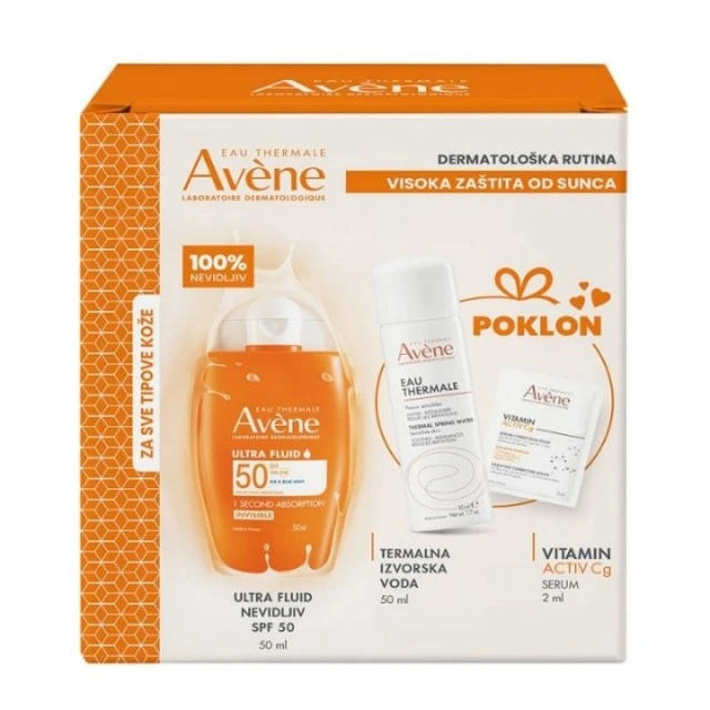AVENE SUN PROMO ULTRA FLUID  SPF50+TERMALNA VODA 50ML+VITAMIN CG SERUM 2ML GRATIS