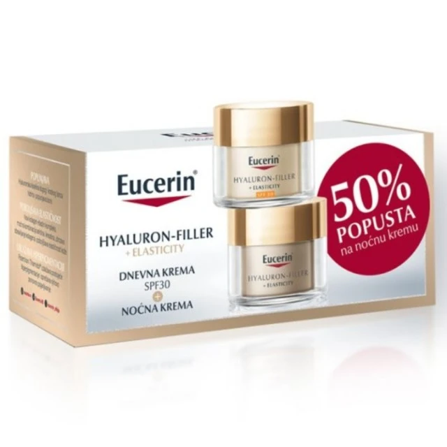 EUCERIN BOX HYALURON FILLER + ELASTICITY  DNEVNA KREMA SPF30 ROSE 50ML + HYALURON FILLER + ELASTICITY NOĆNA KREMA 50ML -50%