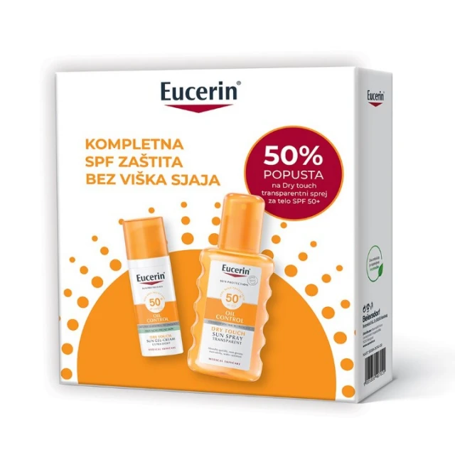EUCERIN OIL CONTROL ZA ZAŠTITU MASNE KOŽE OD SUNCA SPF 50+ 50ML &  EUCERIN OIL CONTROL DRY TOUCH SPREJ ZA ZAŠTITU OSETLJIVE KOŽE OD SUNCA SPF 50+ 200ML