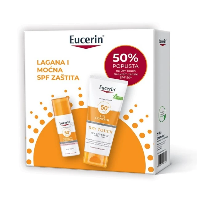 EUCERIN PIGMENT CONTROL FLUID ZA ZAŠTITU OD SUNCA SPF 50+ 50ML & EUCERIN DRY TOUCH GEL-KREM ZA ZAŠTITU OSETLJIVE KOŽE OD SUNCA SPF 50+ 200ML