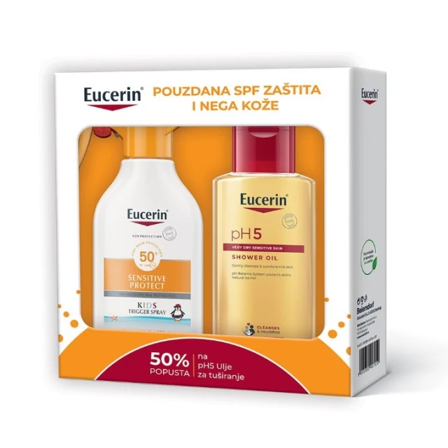 EUCERIN SPREJ NA PUMPICU ZA ZAŠTITU OSETLJIVE DEČIJE KOŽE OD SUNCA SPF 50+ 250ML & PH5 ULJE ZA TUŠIRANJE 200ML