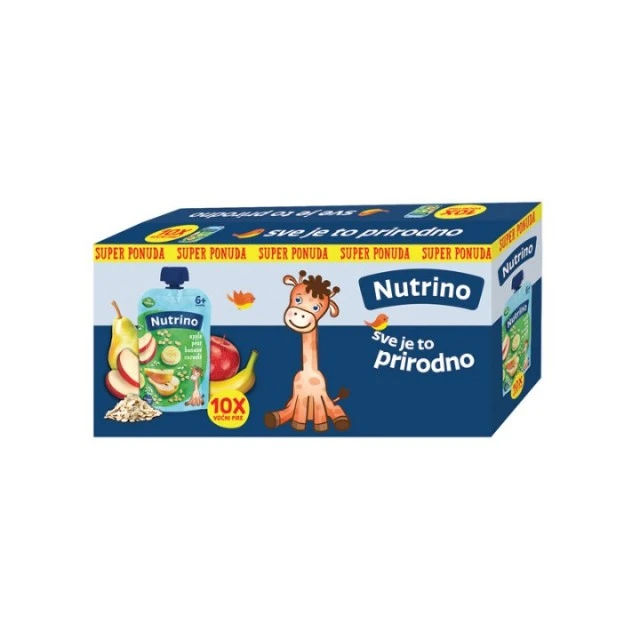 NUTRINO VOĆNI PIRE - JABUKA, KRUŠKA I BANANA SA ŽITARICAMA 100G MULTI PAKOVANJE 6+4 GRATIS