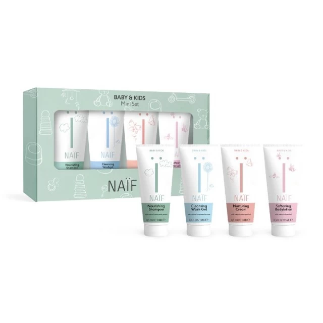 NAIF MINI SET - ŠAMPON, GEL ZA KUPANJE, NEGUJUĆA KREMA, LOSION ZA TELO 4 x 15 ML
