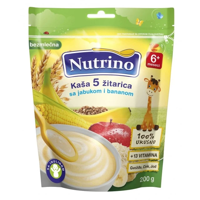 NUTRINO BEZMLEČNA KAŠA 5 ŽITARICA SA JABUKOM I BANANOM 200G