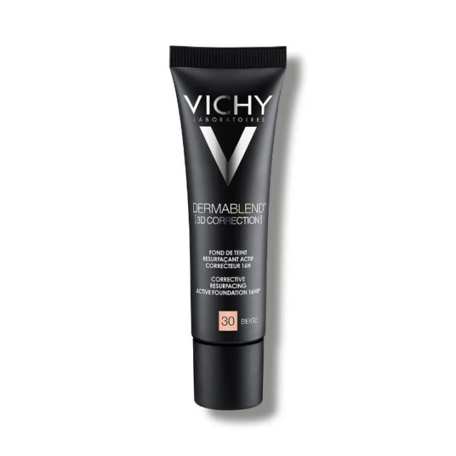 VICHY DERMABLEND 3D CORRECTION SPF 25 KOREKTIVNI PUDER ZA MASNU KOŽU SKLONU AKNAMA S VISOKIM STEPENOM PREKRIVANJA 30 ML 30 BEIGE