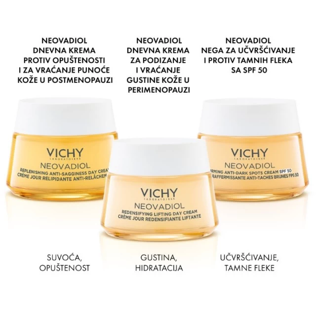 VICHY NEOVADIOL POSTMENOPAUZA HRANJIVA DNEVNA NEGA ZA ČVRSTINU KOŽE I NADOKNADU GUBITKA LIPIDA U POSTMENOPAUZI, VRLO SUVA ZRELA KOŽA 50ML