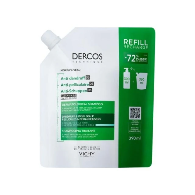 VICHY DERCOS ANTI-DANDRUFF ŠAMPON PROTIV PERUTI ZA NORMALNU DO MASNU KOSU 390ML  REFILL