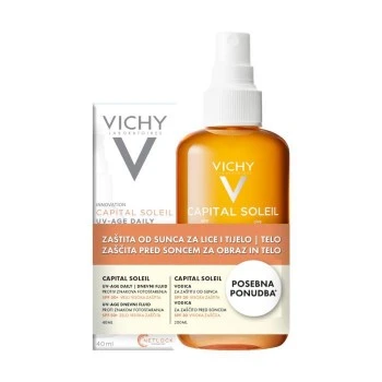 VICHY CAPITAL SOLEIL PROMO UV-AGE DAILY FLUID SPF 50+ 40ML + VODICA ZA ZAŠTITU OD SUNCA SA BETA KAROTENOM SPF30 200ML 