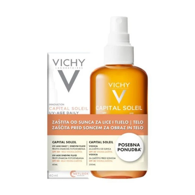 VICHY CAPITAL SOLEIL PROMO UV-AGE DAILY FLUID SPF 50+ 40ML + VODICA ZA ZAŠTITU OD SUNCA SA BETA KAROTENOM SPF30 200ML