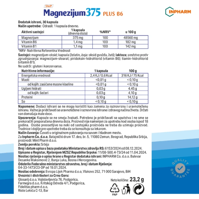 MAGNEZIJUM 375 PLUS B6 KAPSULE A 30
