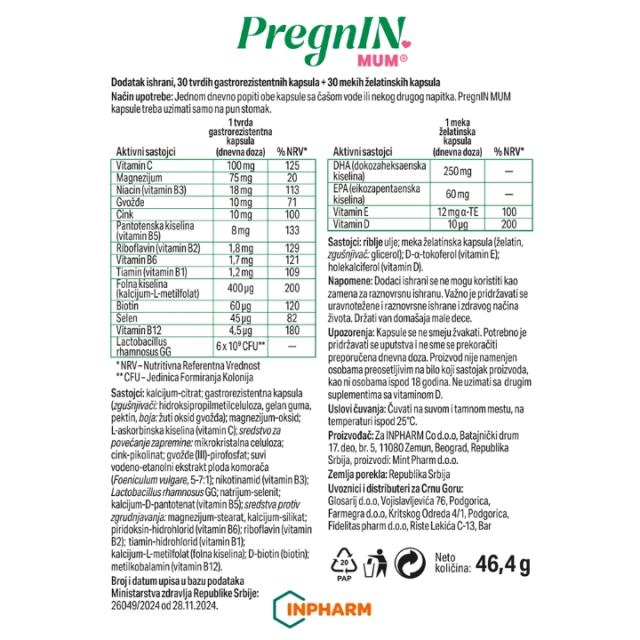 PREGNIN MUM 30 KAPSULA + 30 KAPSULA